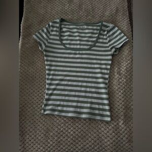 Hollister Women's Green & White Striped Scoop Neck Top